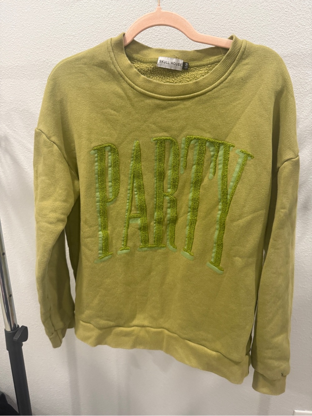 Women’s Skull House Olive Green 'PARTY' Crew Sweatshirt Raised Texture S/M